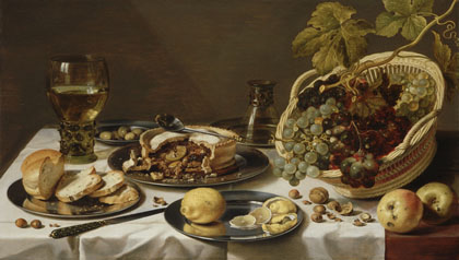 Tabletop Still Life with Mince Pie and Basket of Grapes